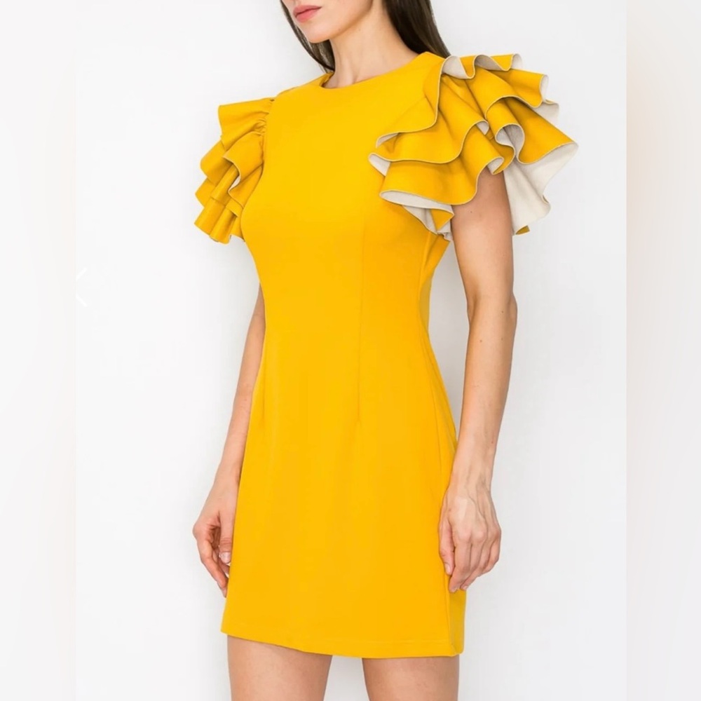Elegant Yellow Ruffle Sleeve Dress